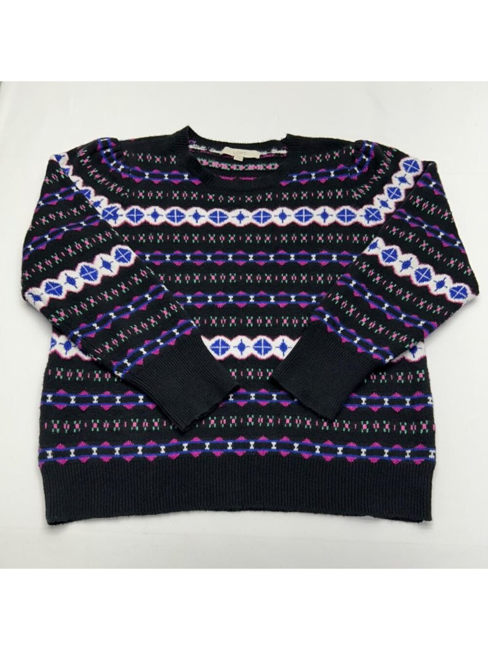 Loft Womens XL Black Fair Isle Knit Sweater With Multicolor Geometric Pattern